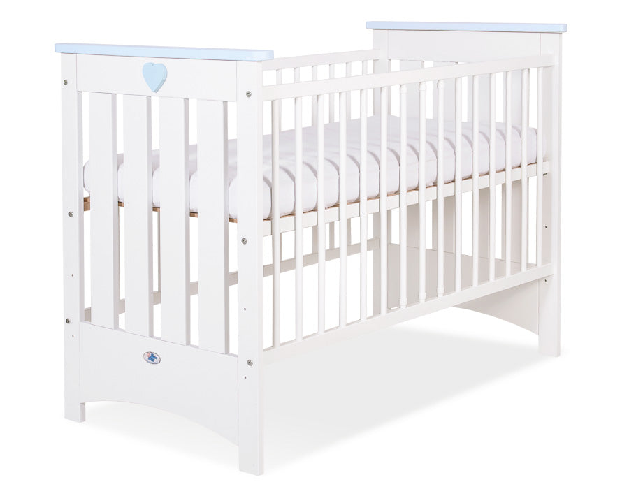 Wooden baby cot120x60cm Lorenzo III white-blue, with teething rail
