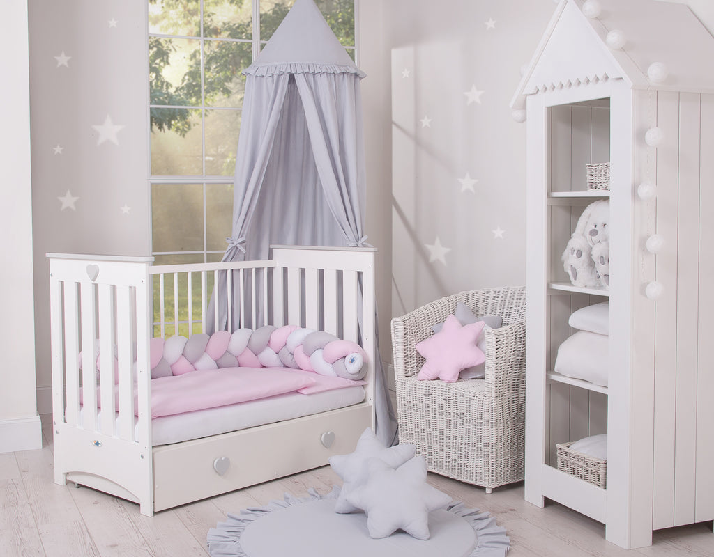 Wooden baby cot 120x60cm Lorenzo III white-grey, with teething rail