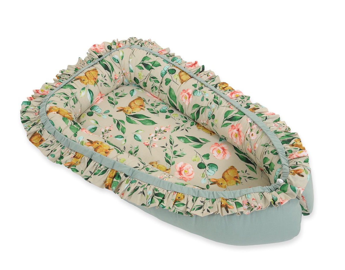 Baby nest Premium Cocoon for infants with a ruffle - Rabbit with flowers
