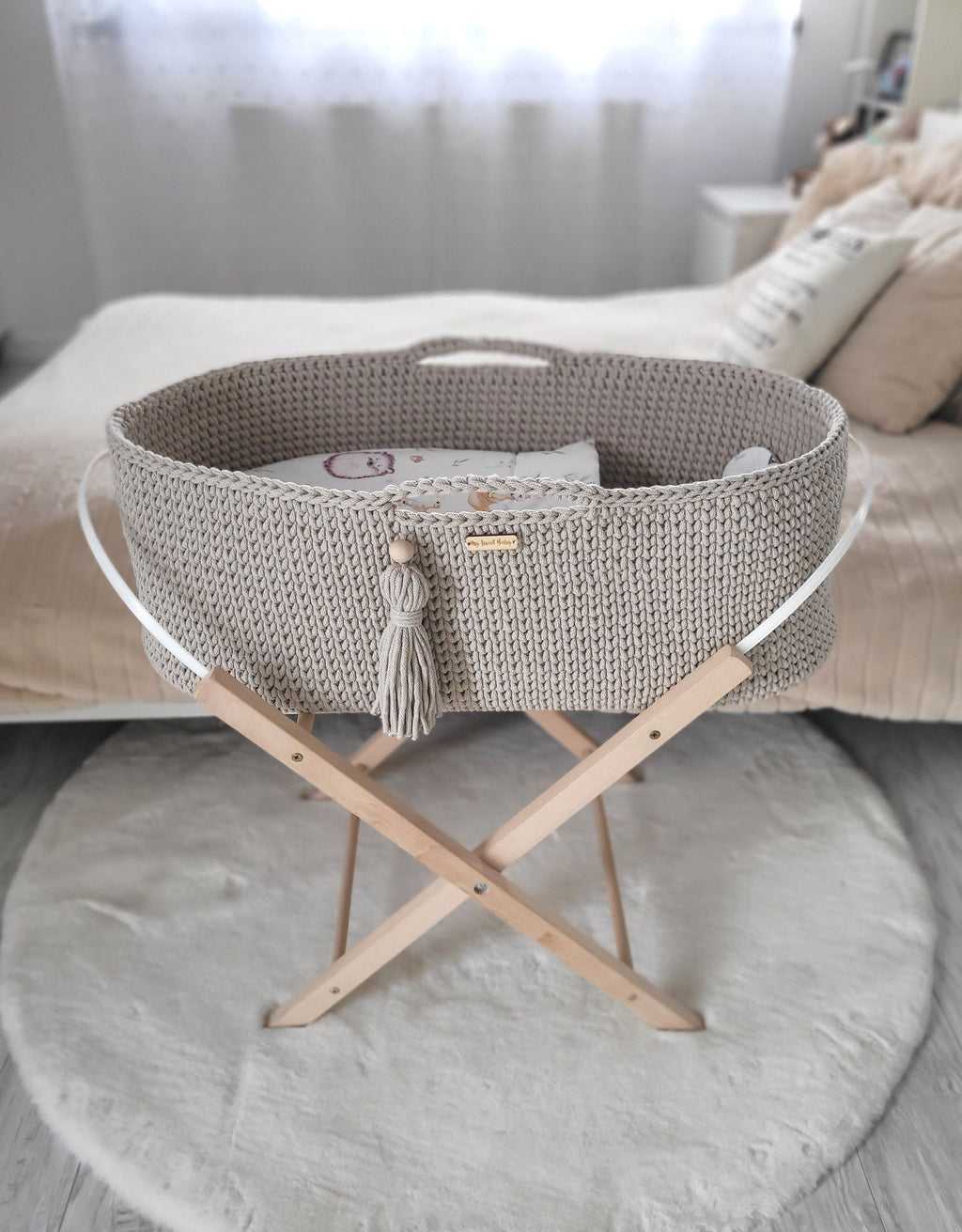 Moses basket BOHO Handmade with stand - light beige