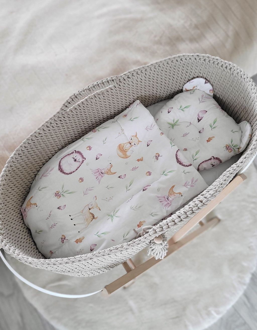 Moses basket BOHO Handmade cotton with mattress - light beige