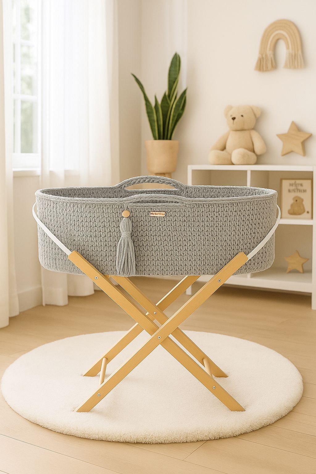 Moses basket BOHO Handmade with stand - light gray