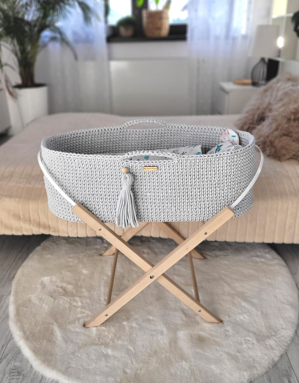 Moses basket BOHO Handmade with stand - light gray