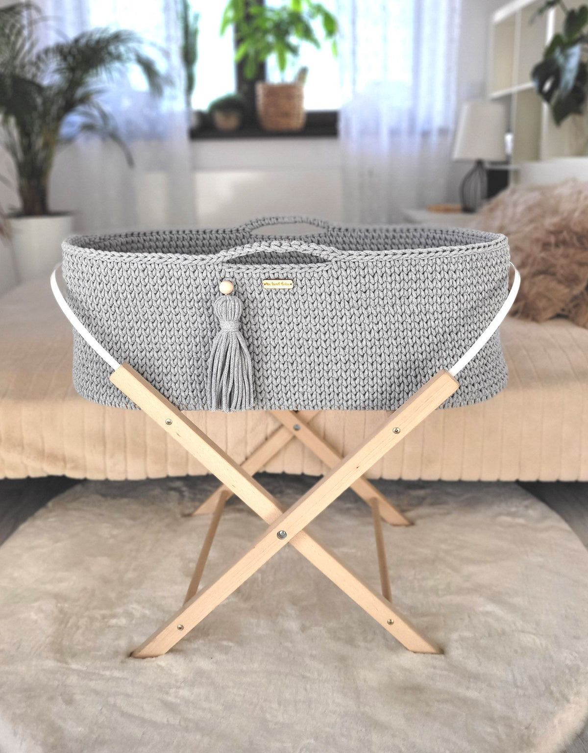 Moses basket BOHO Handmade cotton with mattress - gray