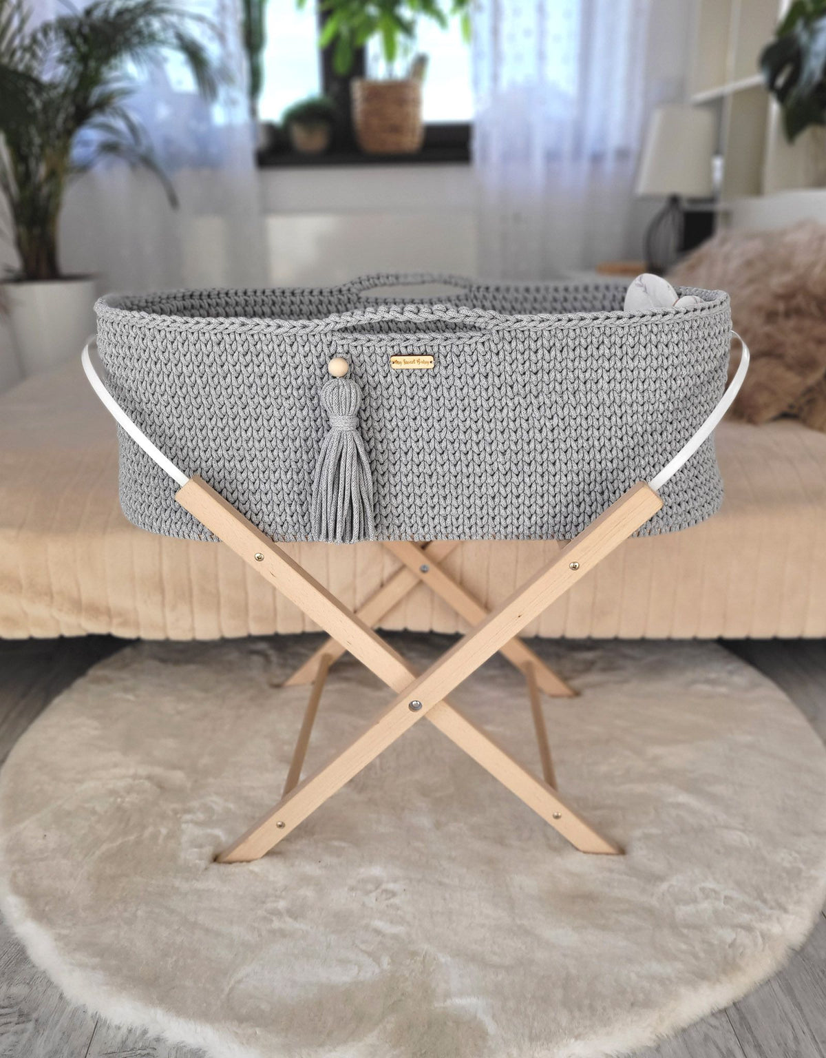 Moses basket BOHO Handmade with stand - gray