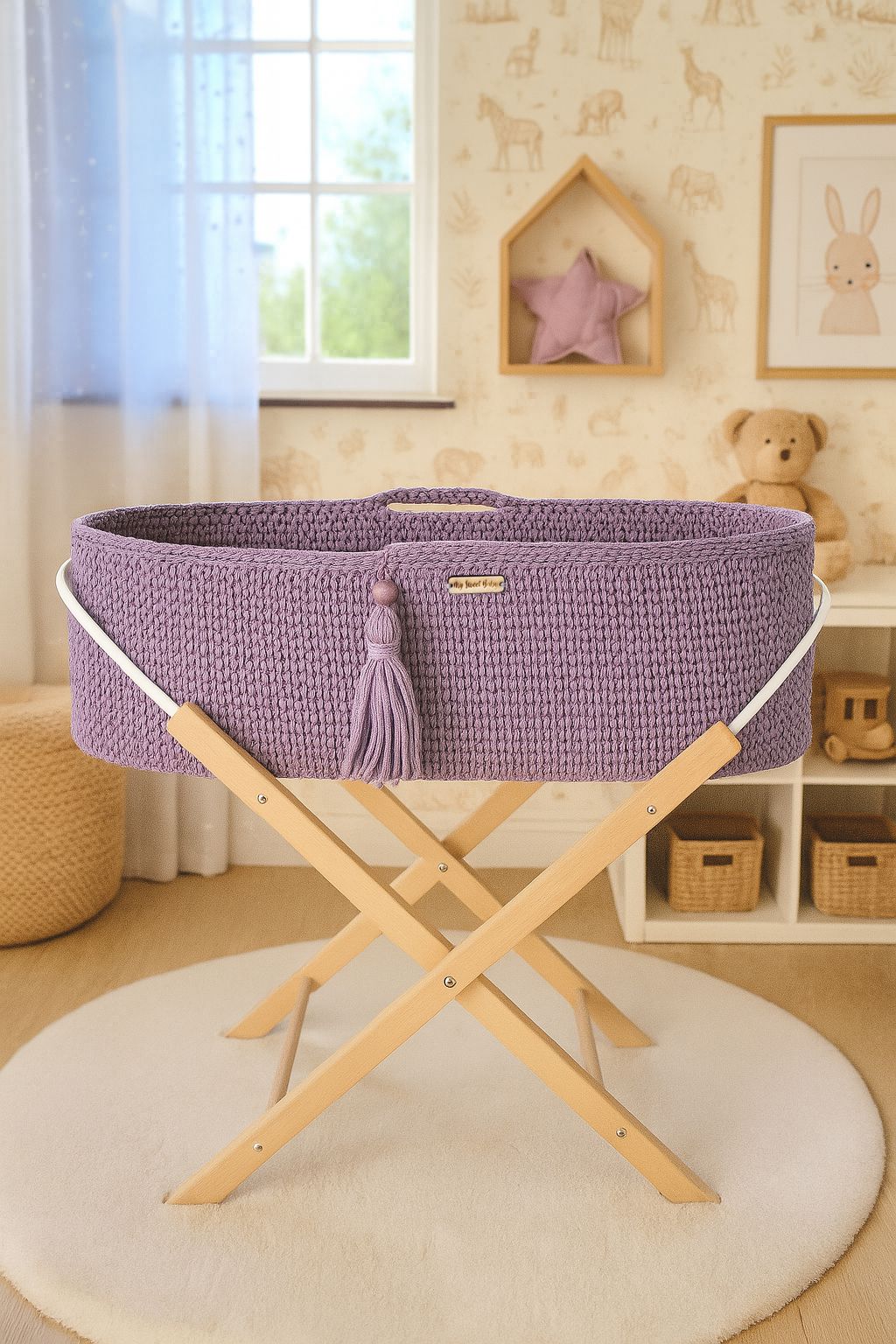 Moses basket BOHO Handmade with stand - lila