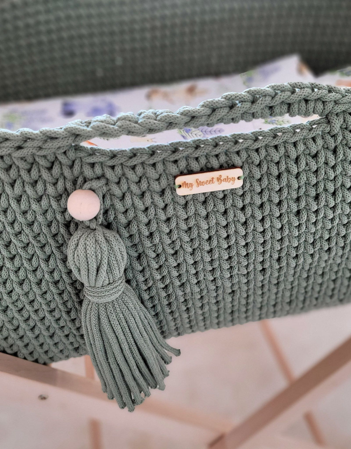 Moses basket BOHO Handmade cotton with mattress - sage