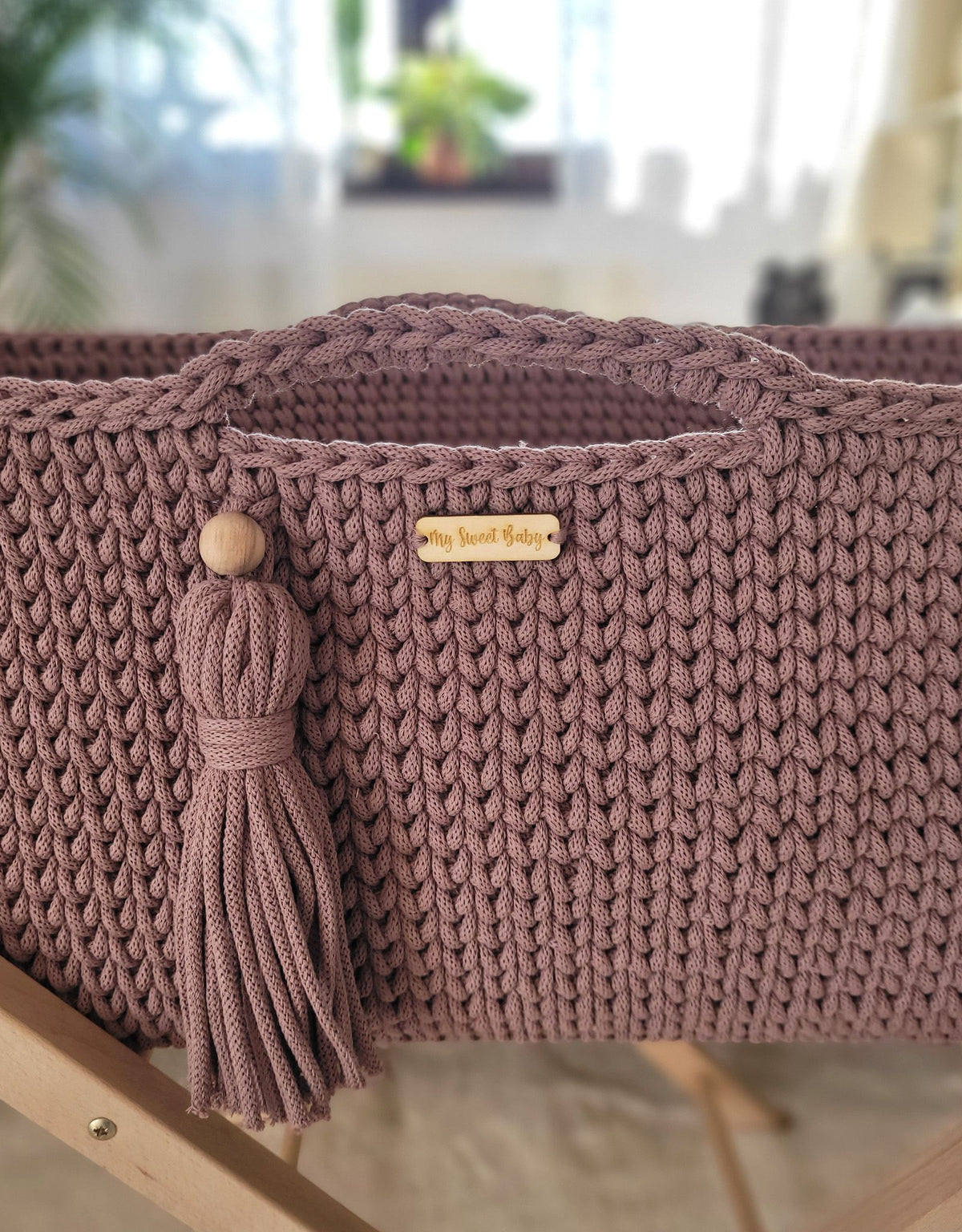 Moses basket BOHO Handmade cotton with mattress - mauve