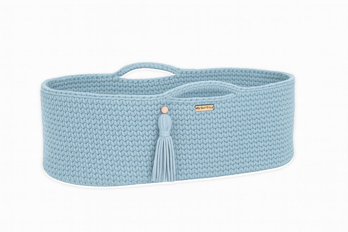 Moses basket BOHO Handmade cotton with mattress - misty blue