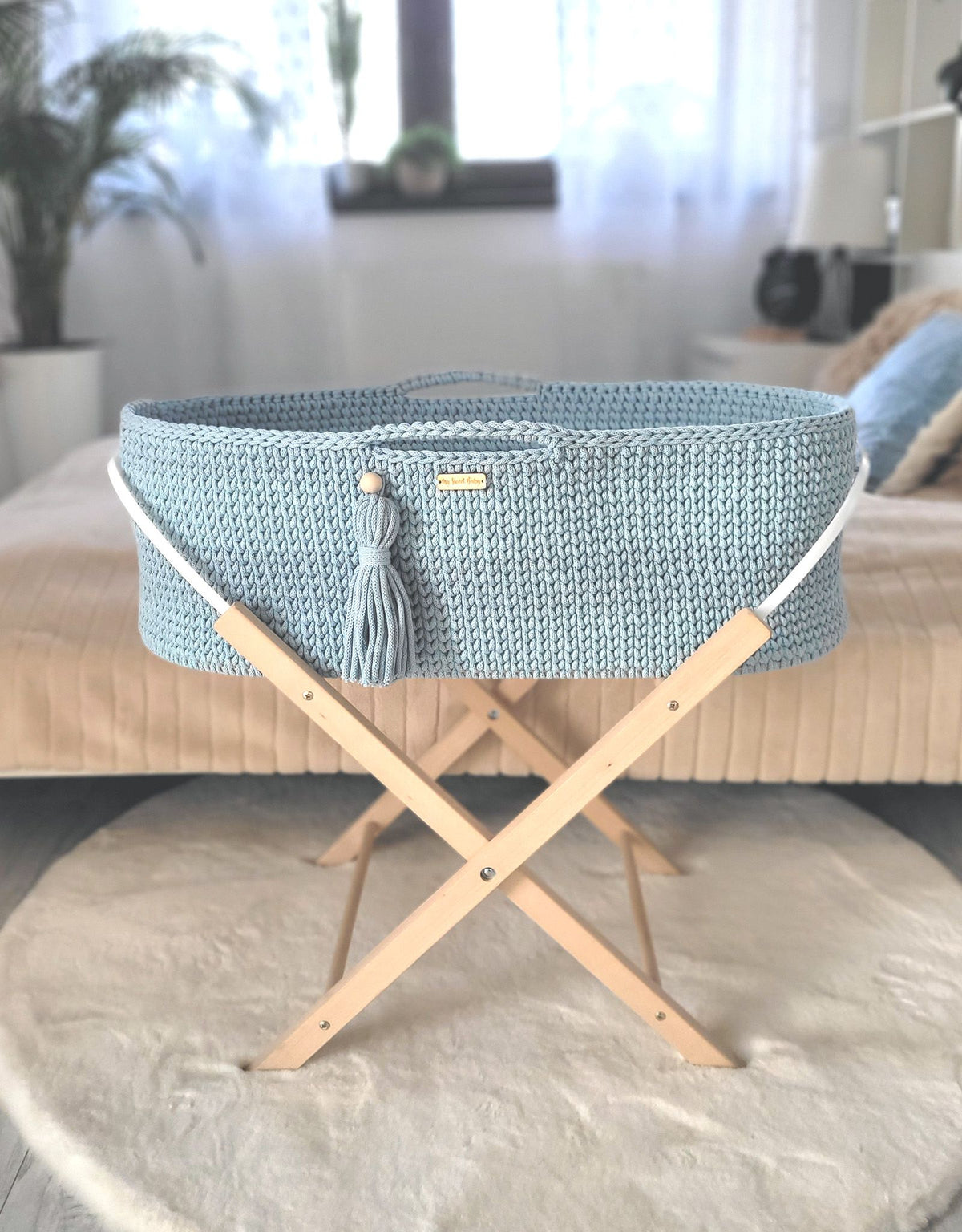Moses basket BOHO Handmade with stand - misty blue