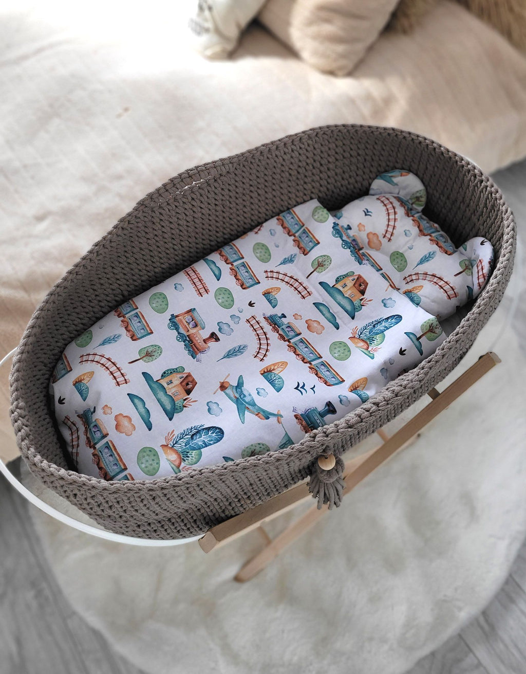 Moses basket BOHO Handmade cotton with mattress - mocca