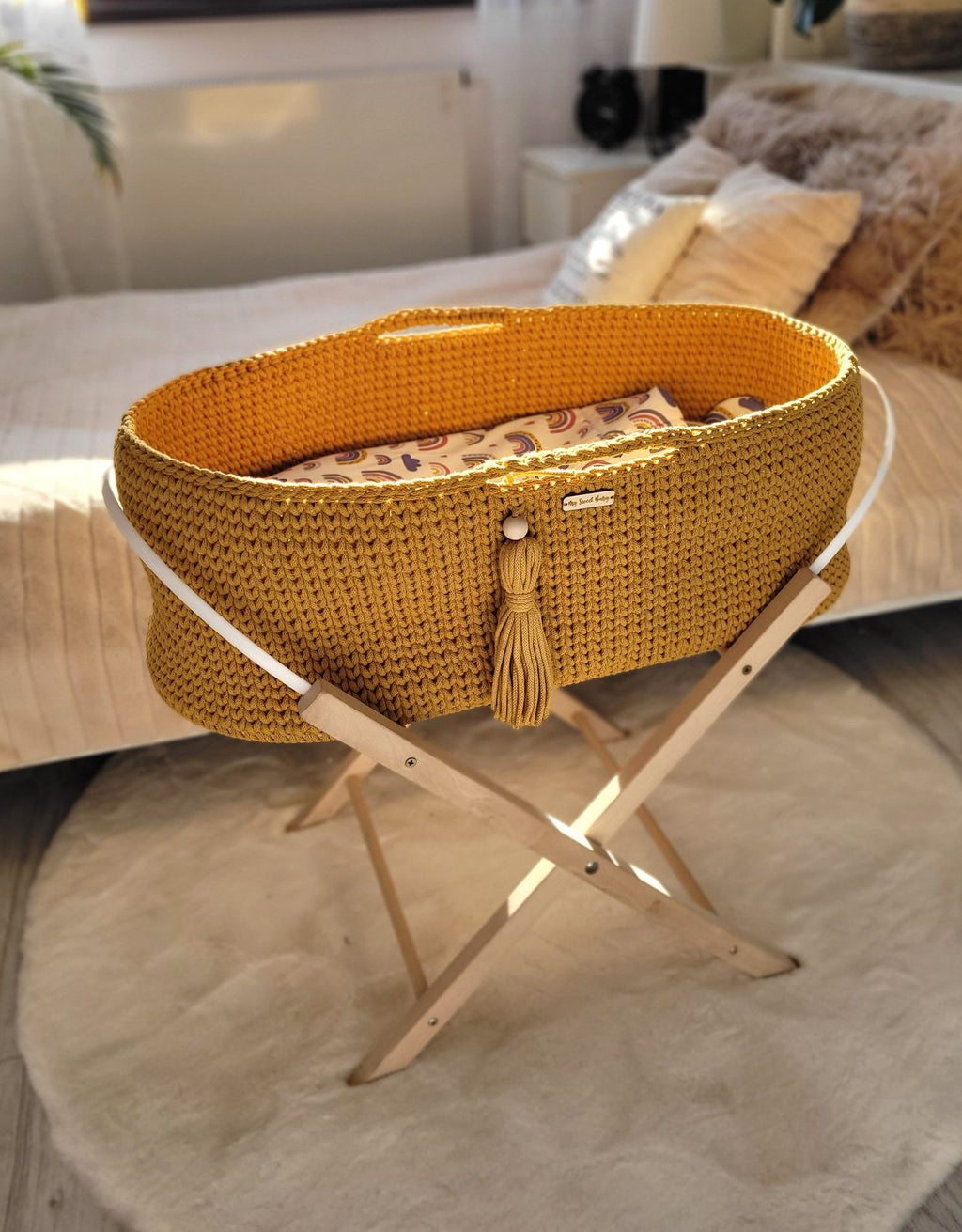 Moses basket BOHO Handmade with stand - honey yellow