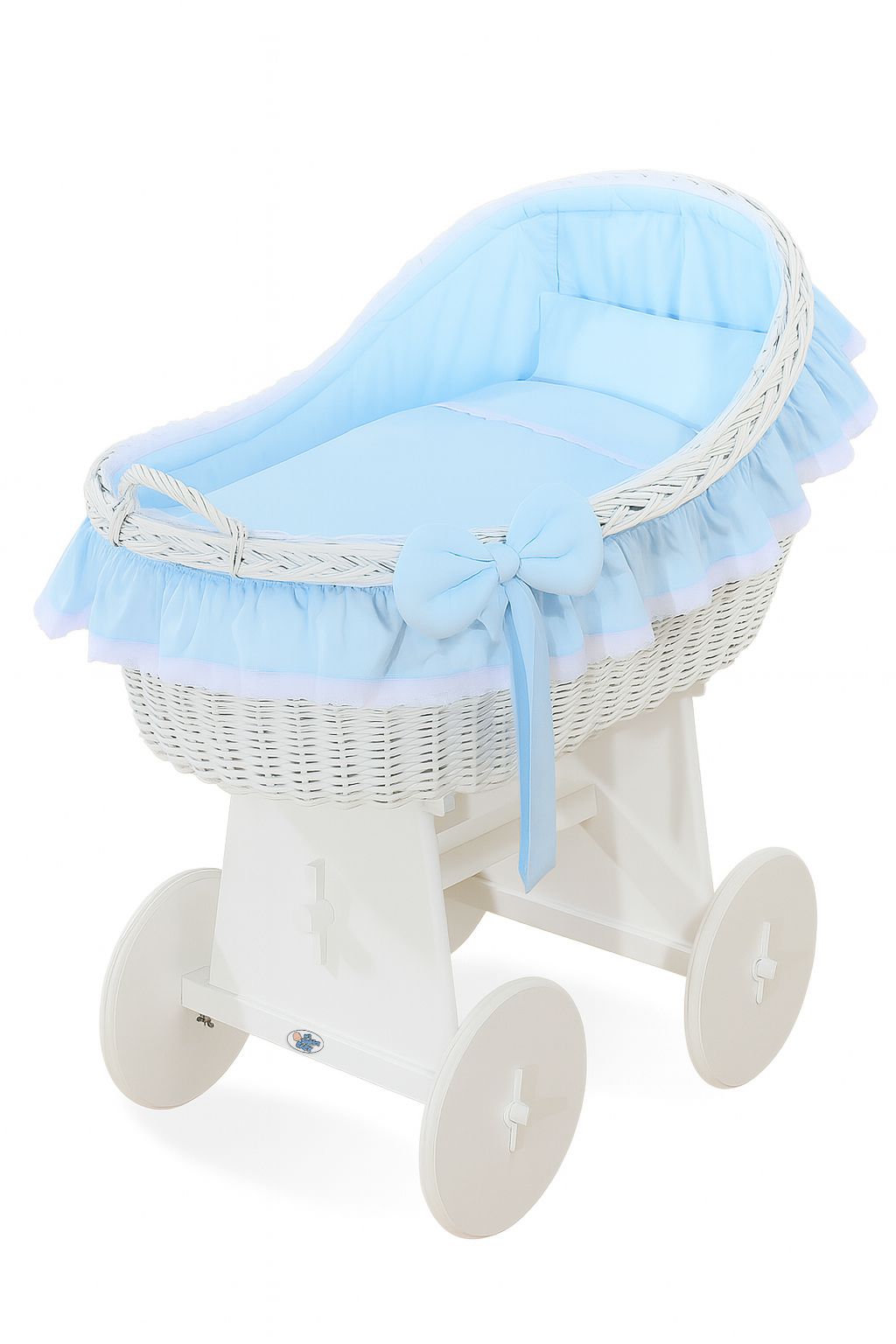 Moses Basket Wicker hood crib Carina - white + blue bedding