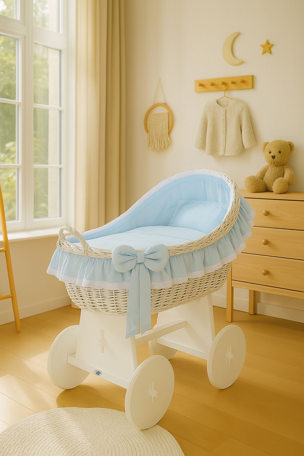 Moses Basket Wicker hood crib Carina - white + blue bedding