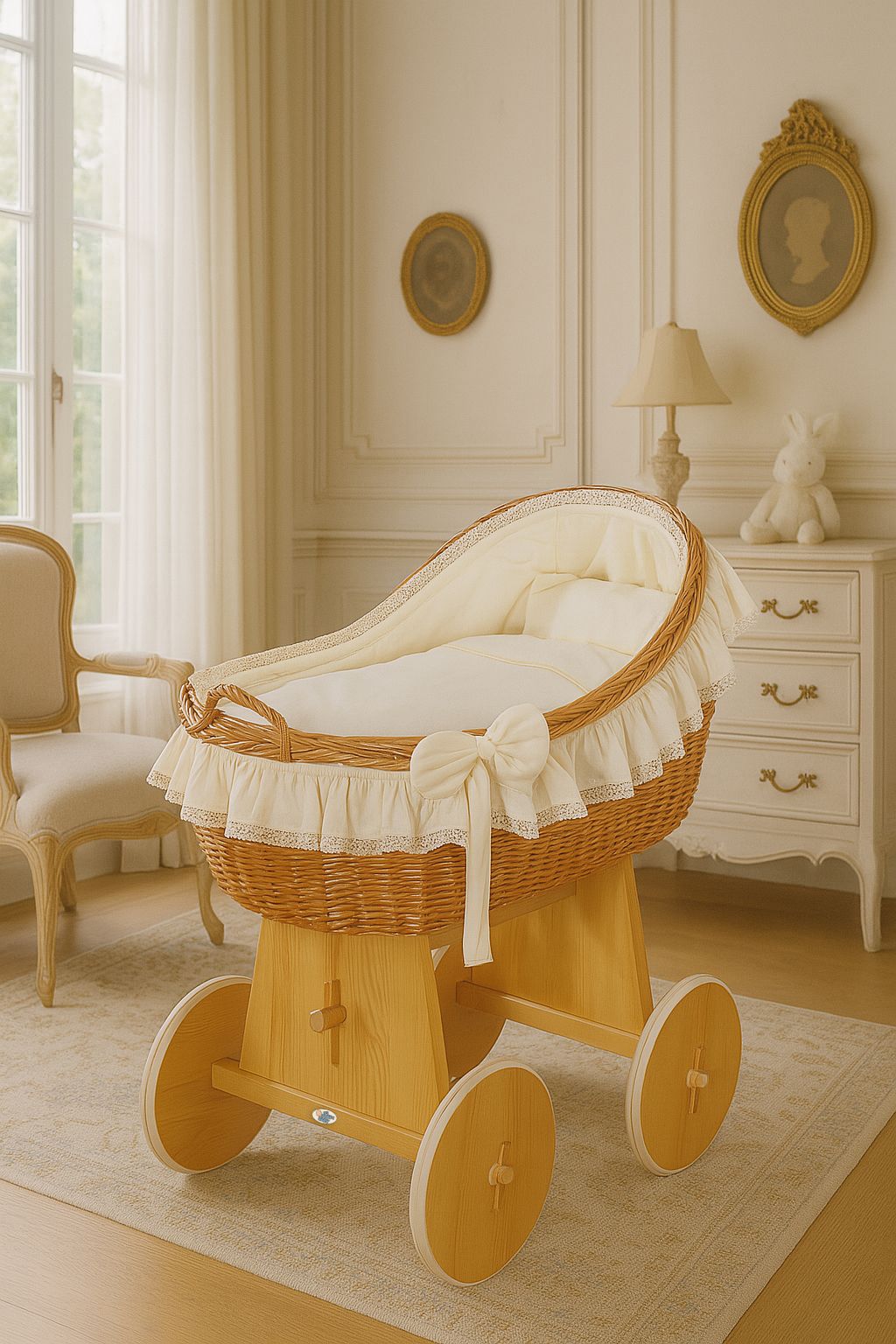 Moses Basket Wicker hood crib Carina - natural + cream bedding