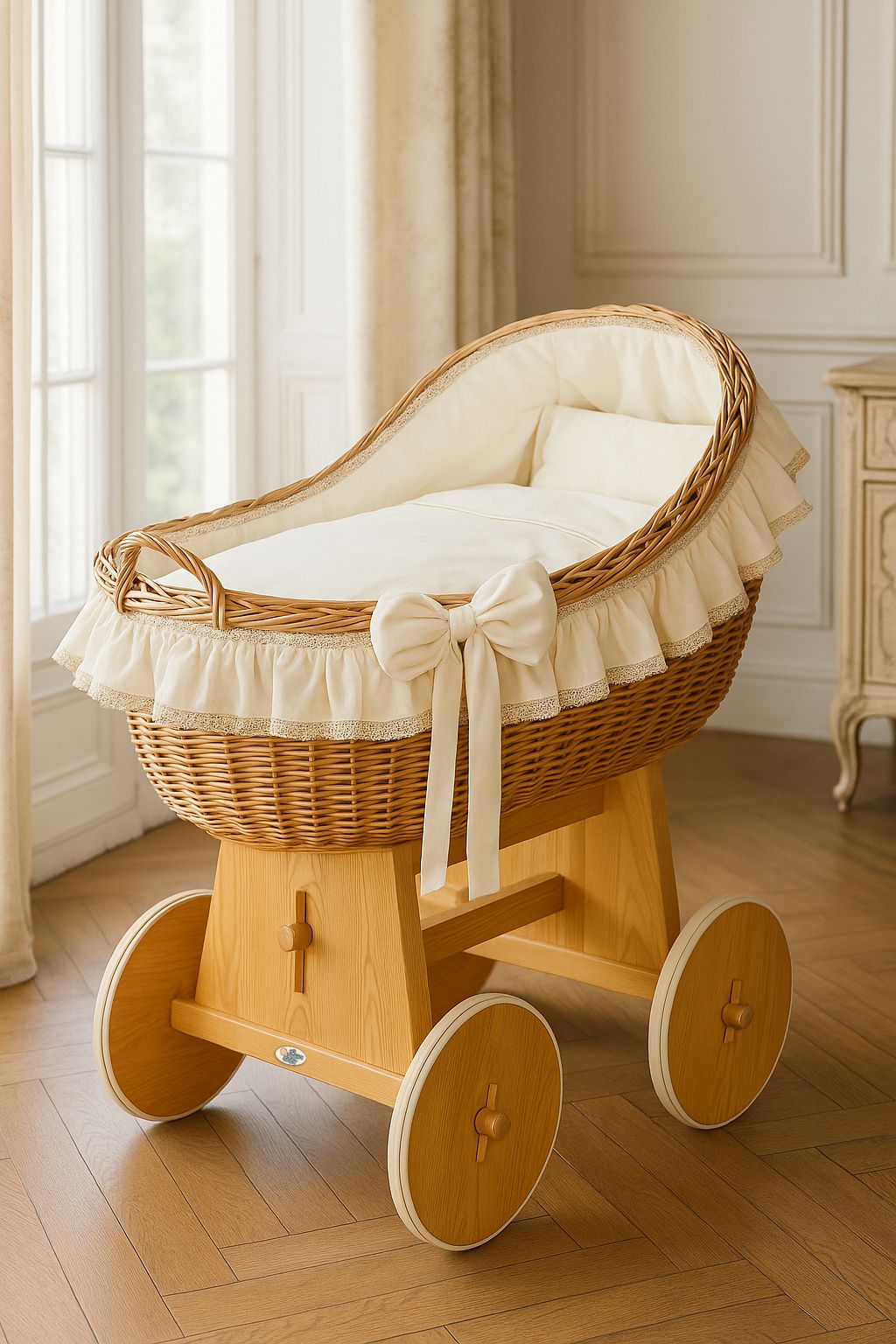 Moses Basket Wicker hood crib Carina - natural + cream bedding