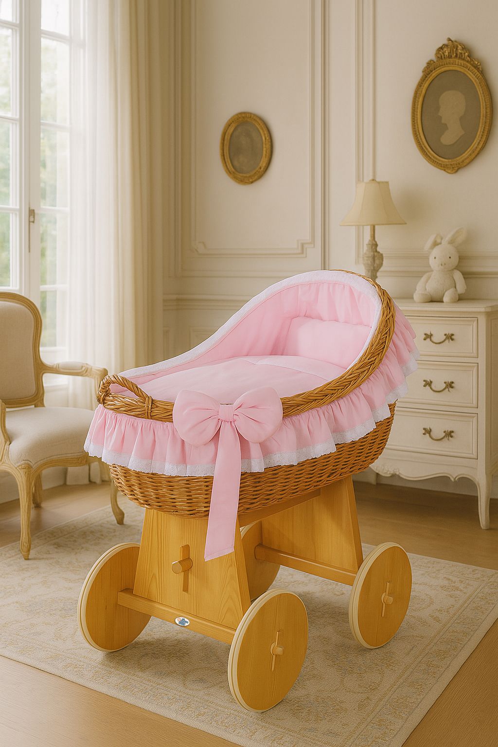 Moses Basket Wicker hood crib Carina - natural + pink bedding