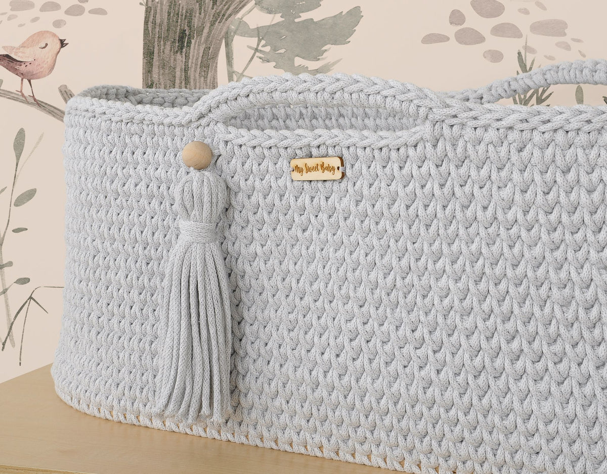 Moses basket BOHO Handmade cotton with mattress - light gray
