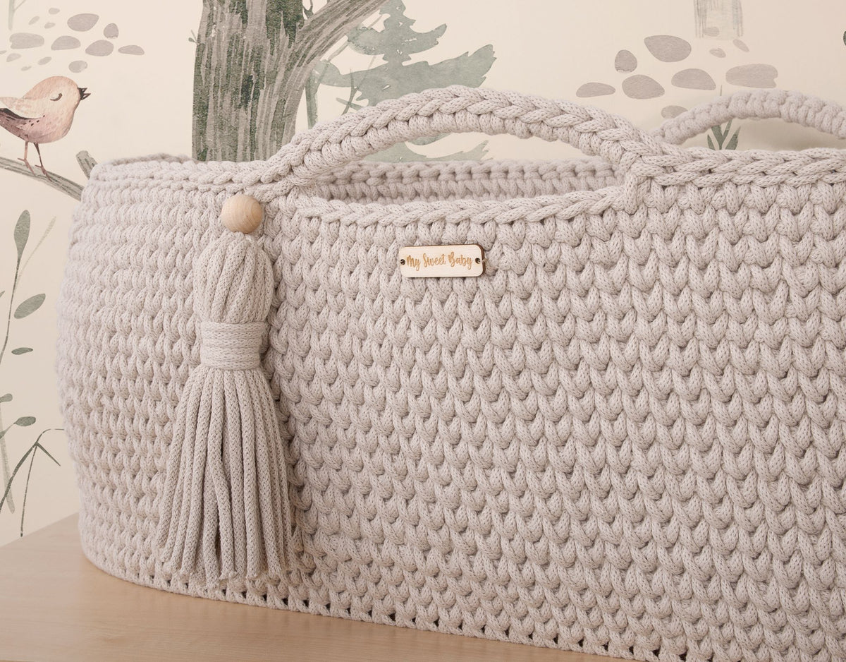 Moses basket BOHO Handmade cotton with mattress - light beige
