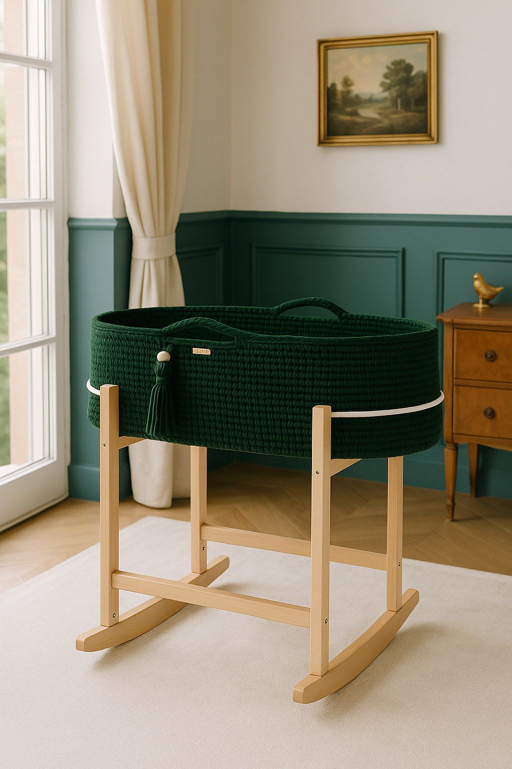 Moses basket BOHO Handmade with cradle - bottle green