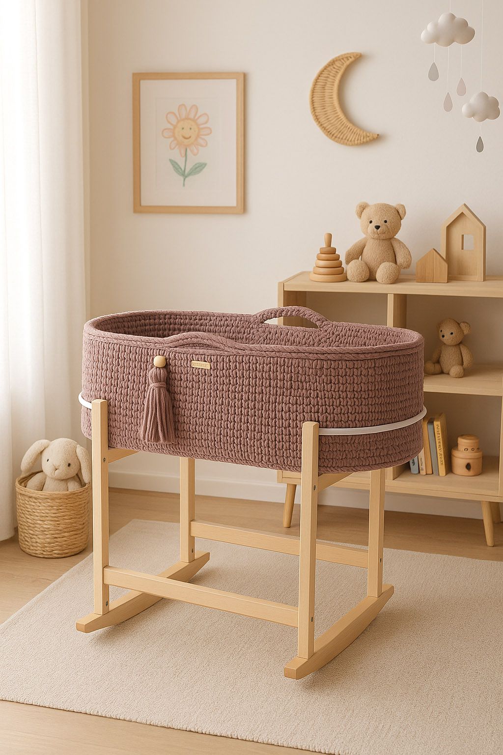 Moses basket BOHO Handmade with cradle - mauve