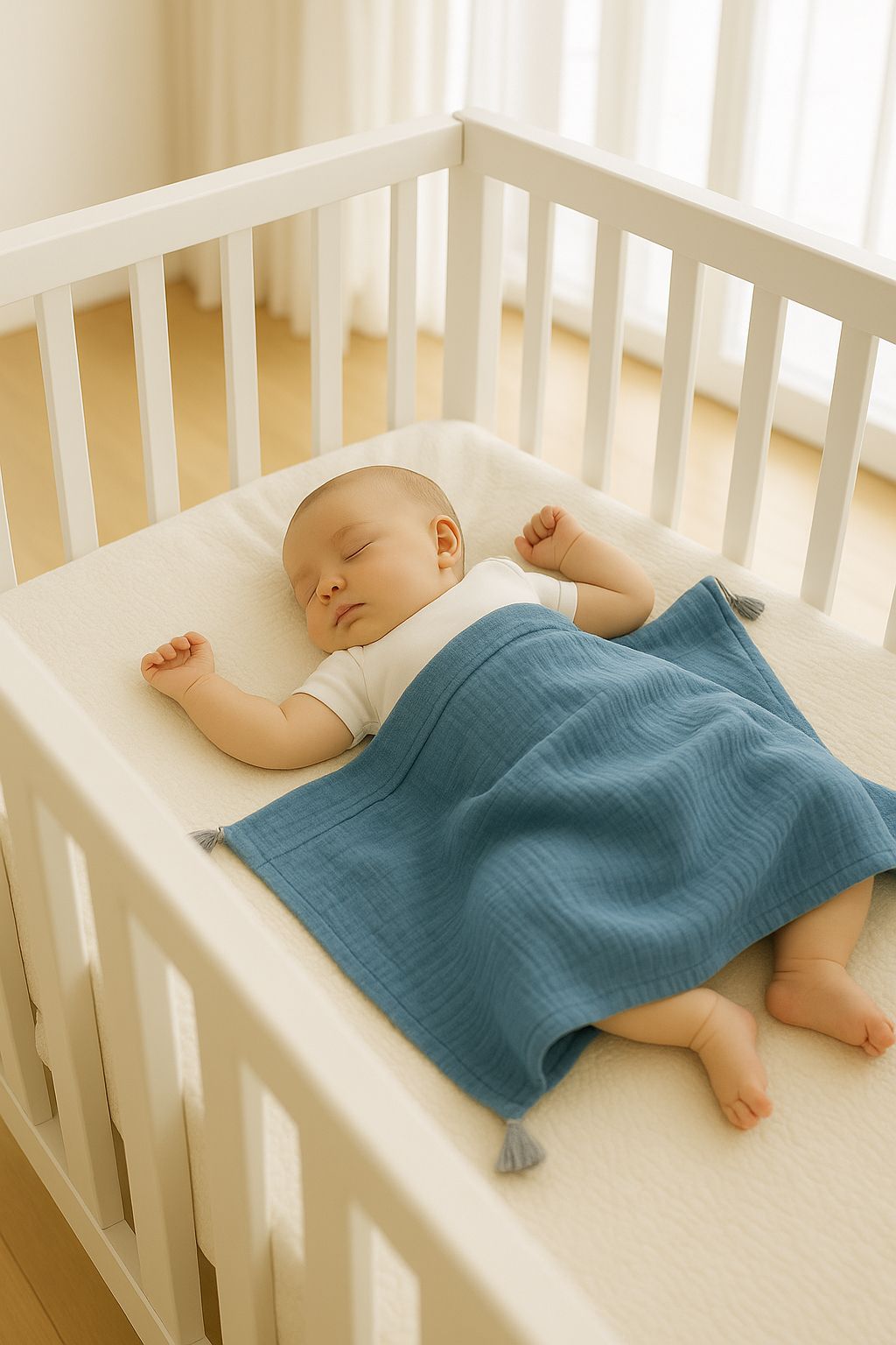 Muslin blanket for kids with tassels - pastel blue