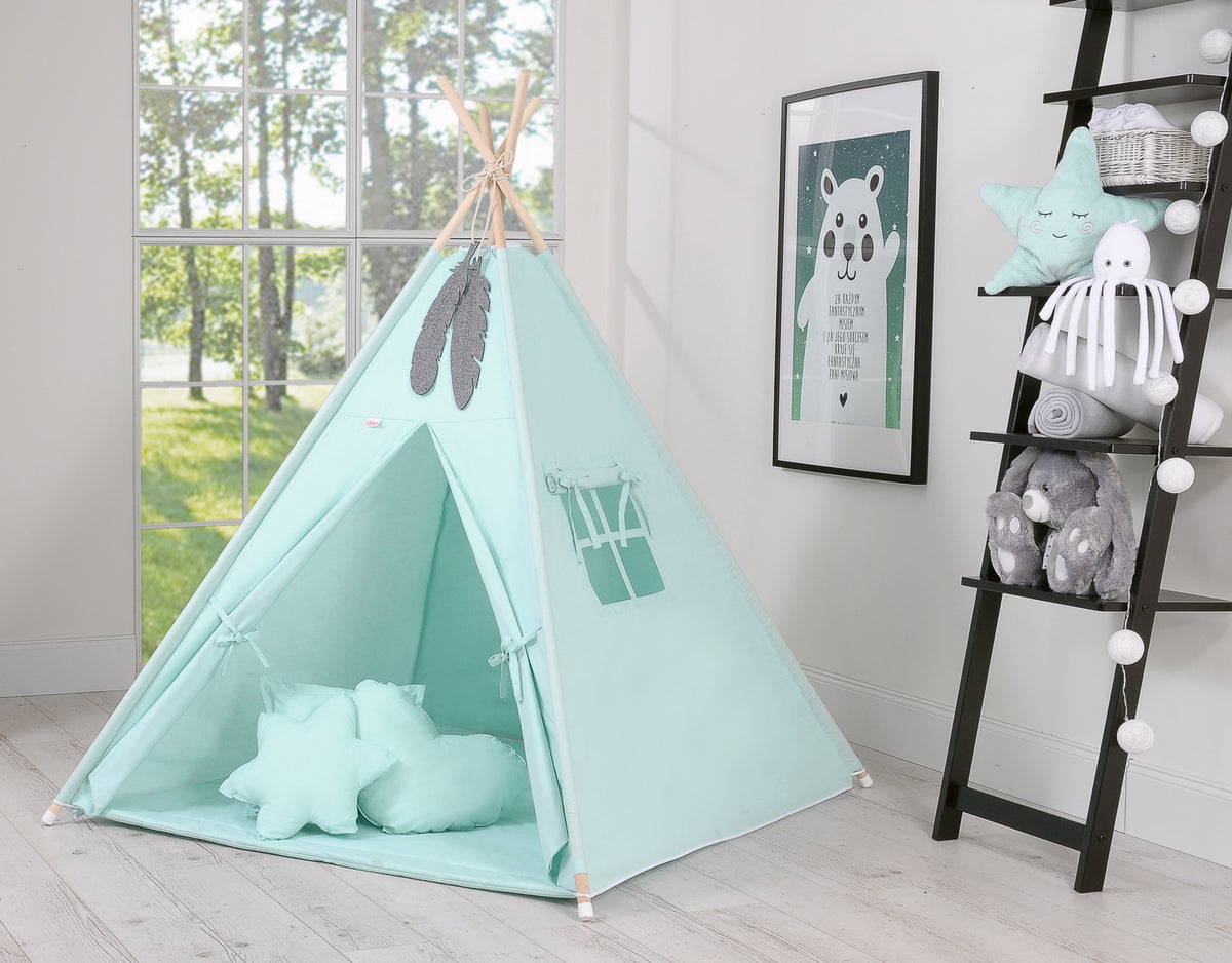 Teepee tent for kids +play mat + decorative feathers  - mint