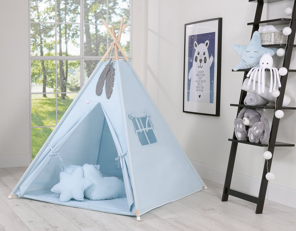 Teepee tent for kids +play mat + decorative feathers - blue