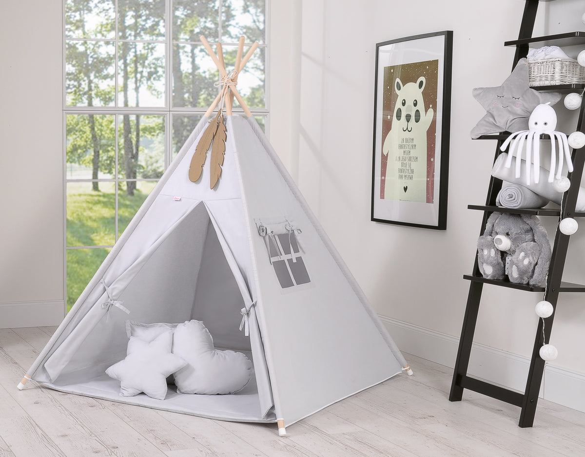 Teepee tent for kids +play mat + decorative feathers - gray