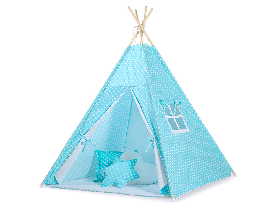 Teepee tent for kids +play mat + decorative feathers - White dots on turquoise