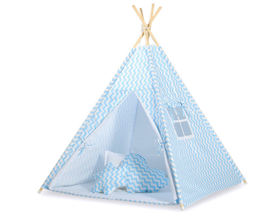 Teepee tent for kids +play mat + decorative feathers - Chevron blue