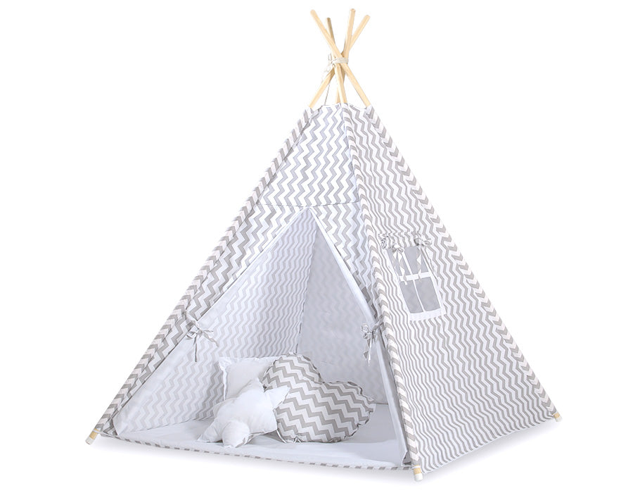 Teepee tent for kids +play mat + decorative feathers - Chevron grey
