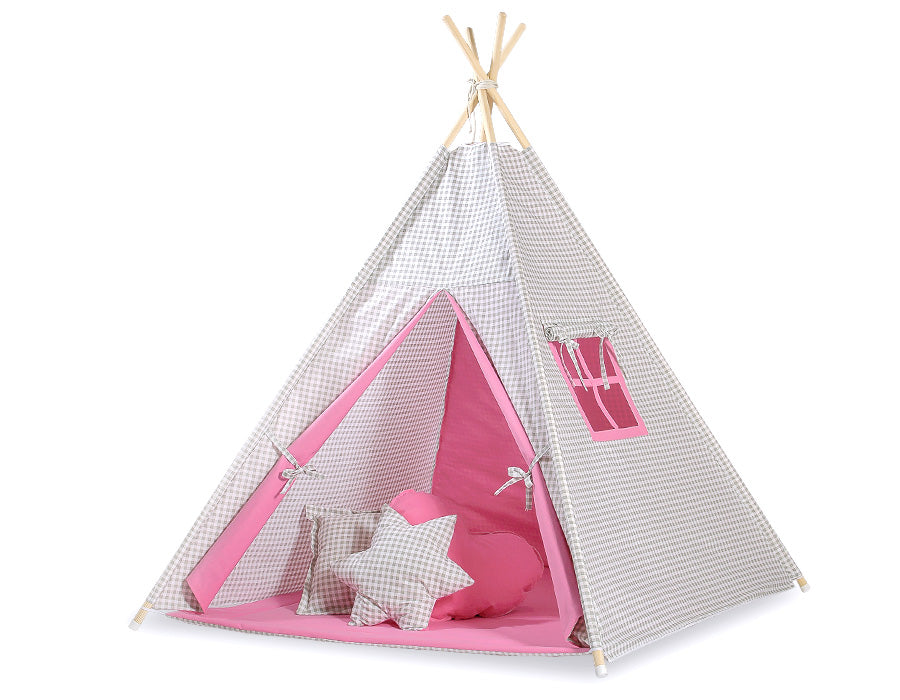 Teepee tent for kids +play mat + decorative feathers  - Grey checkered-pink