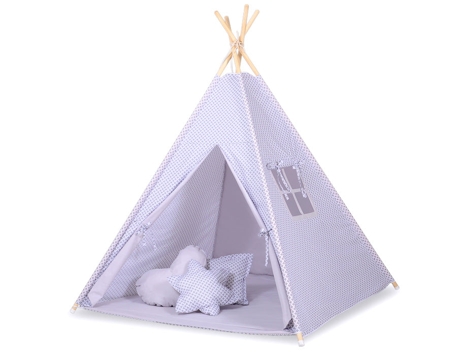 Teepee tent for kids +play mat + decorative feathers - grey rosette