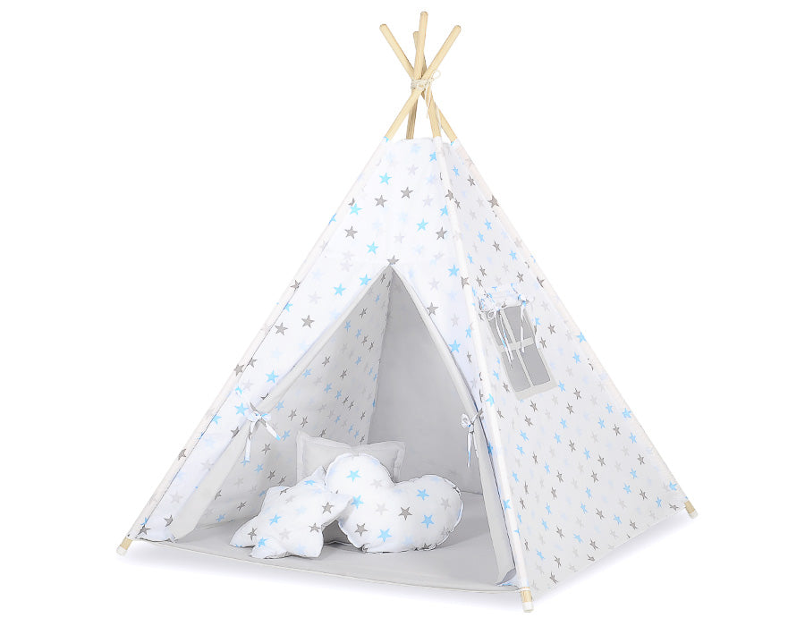 Teepee tent for kids +play mat + decorative feathers - Grey-blau stars/grey
