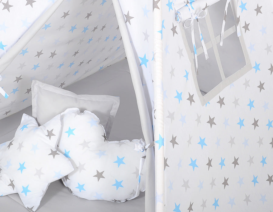 Teepee tent for kids +play mat + decorative feathers - Grey-blau stars/grey