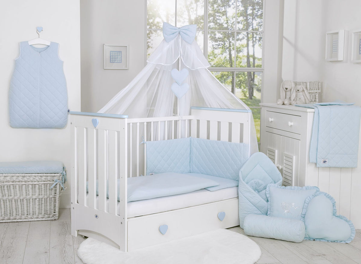 Wooden baby cot120x60cm Lorenzo III white-blue, with teething rail