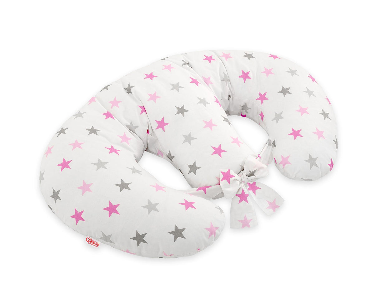 Twin Nursing Pillow – Gray-Pink stars (Removable, Hands-Free Feeding)