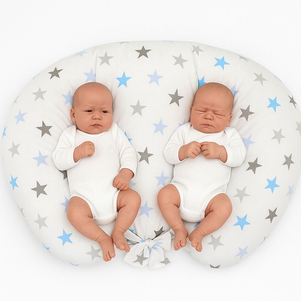 Twin Nursing Pillow – Gray-Blue stars (Removable, Hands-Free Feeding)