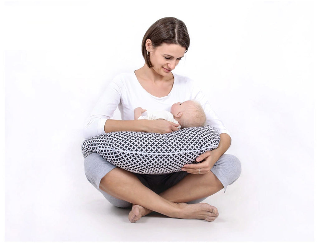 Breastfeeding Pillow Nursing Croissant Pillow, removable, Hands-Free Feeding - white dots on beige