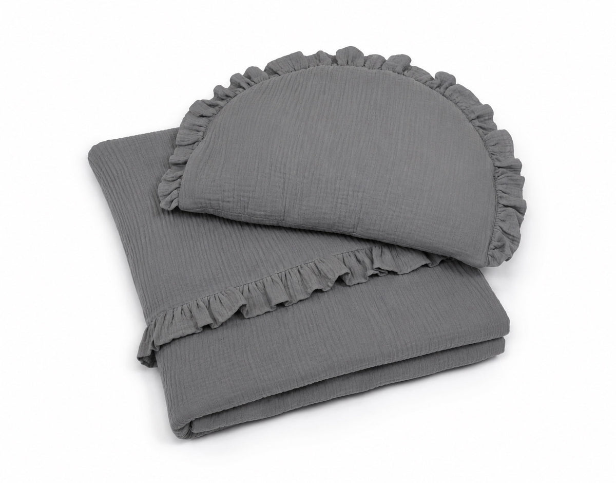 Muslin duvet and pillow set with frill – Anthracite