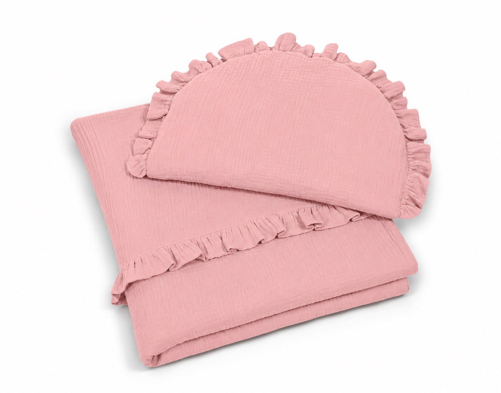 Muslin duvet and pillow set with frill – Pink