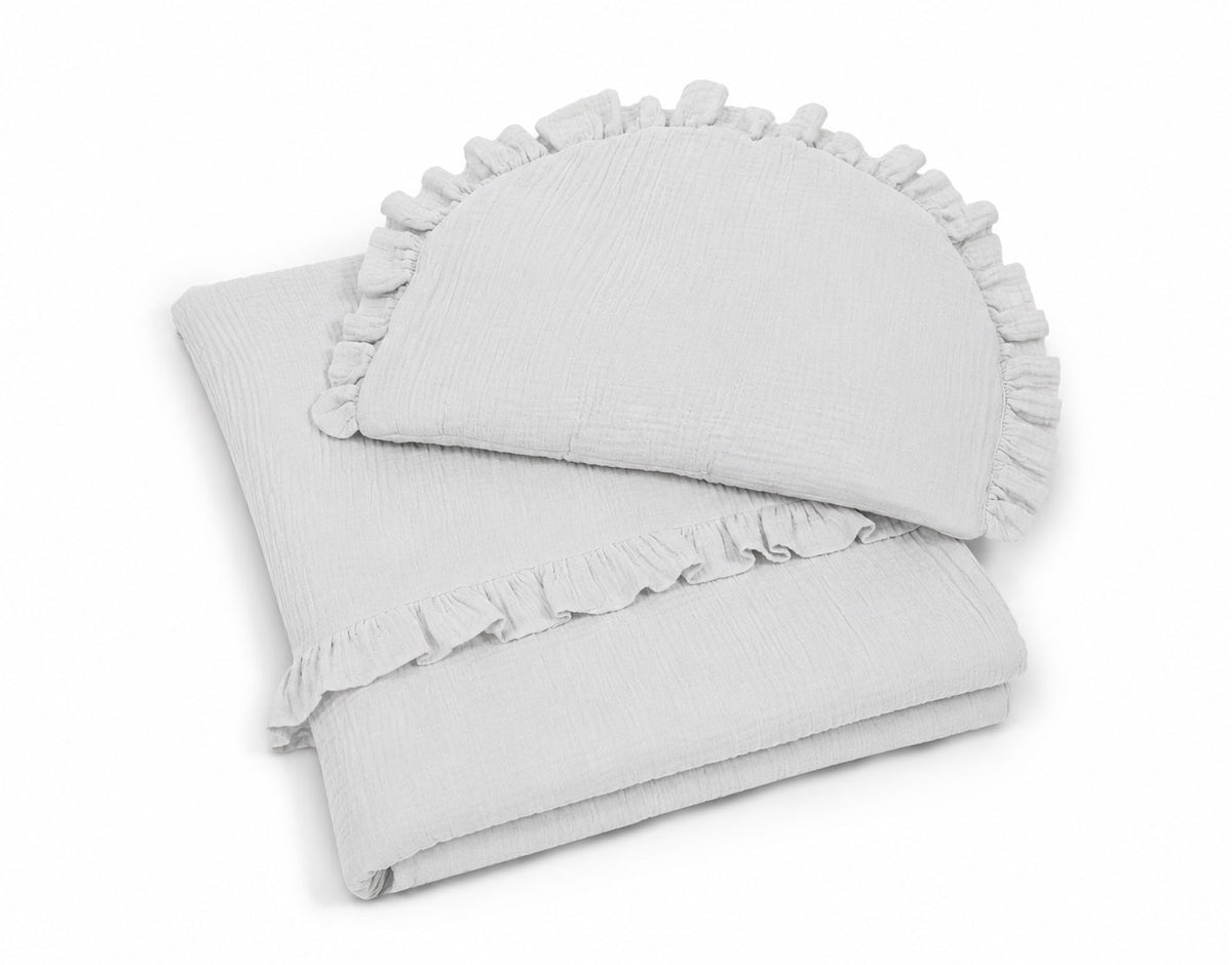 Muslin duvet and pillow set with frill – Grey