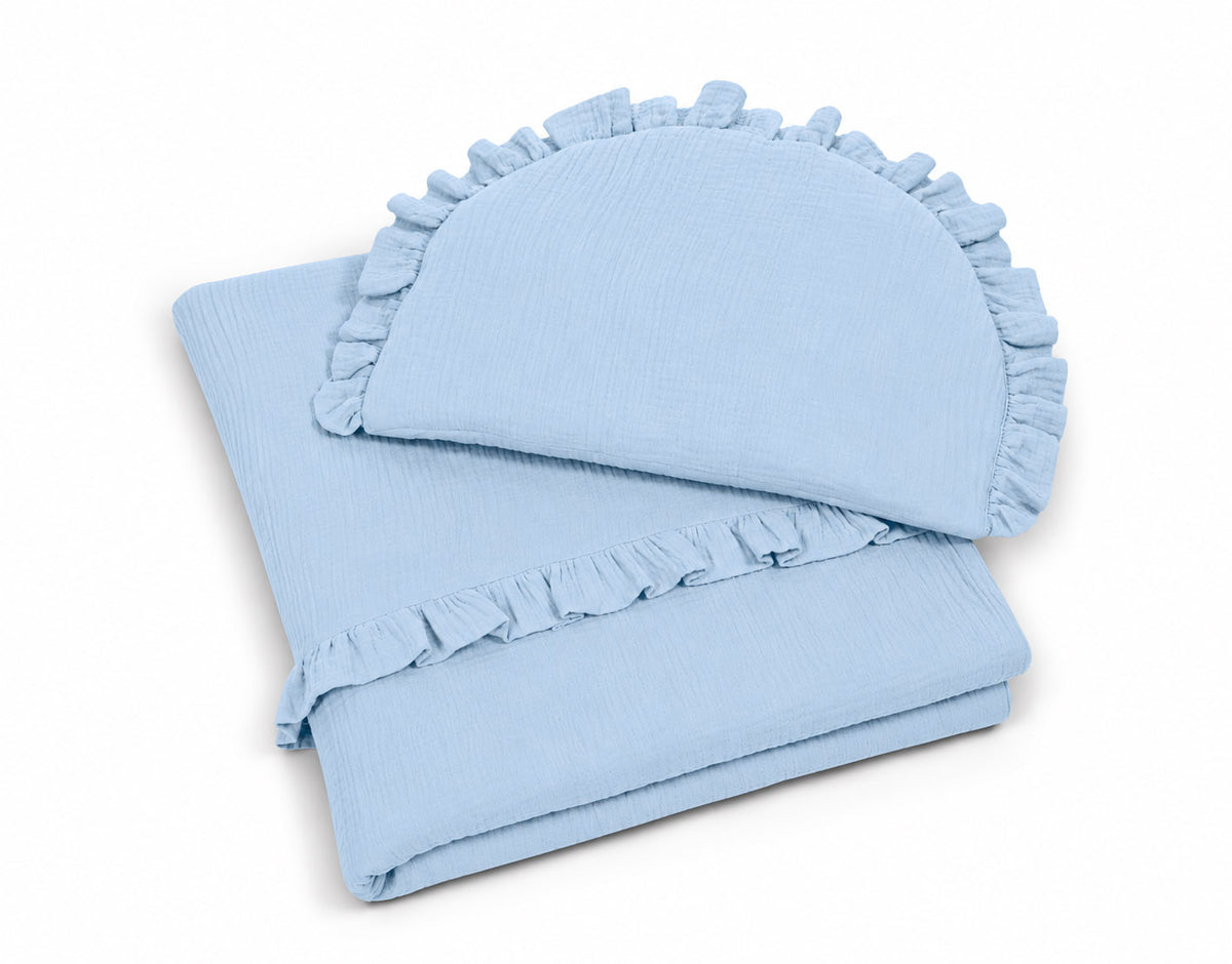 Muslin duvet and pillow set with frill – Blue