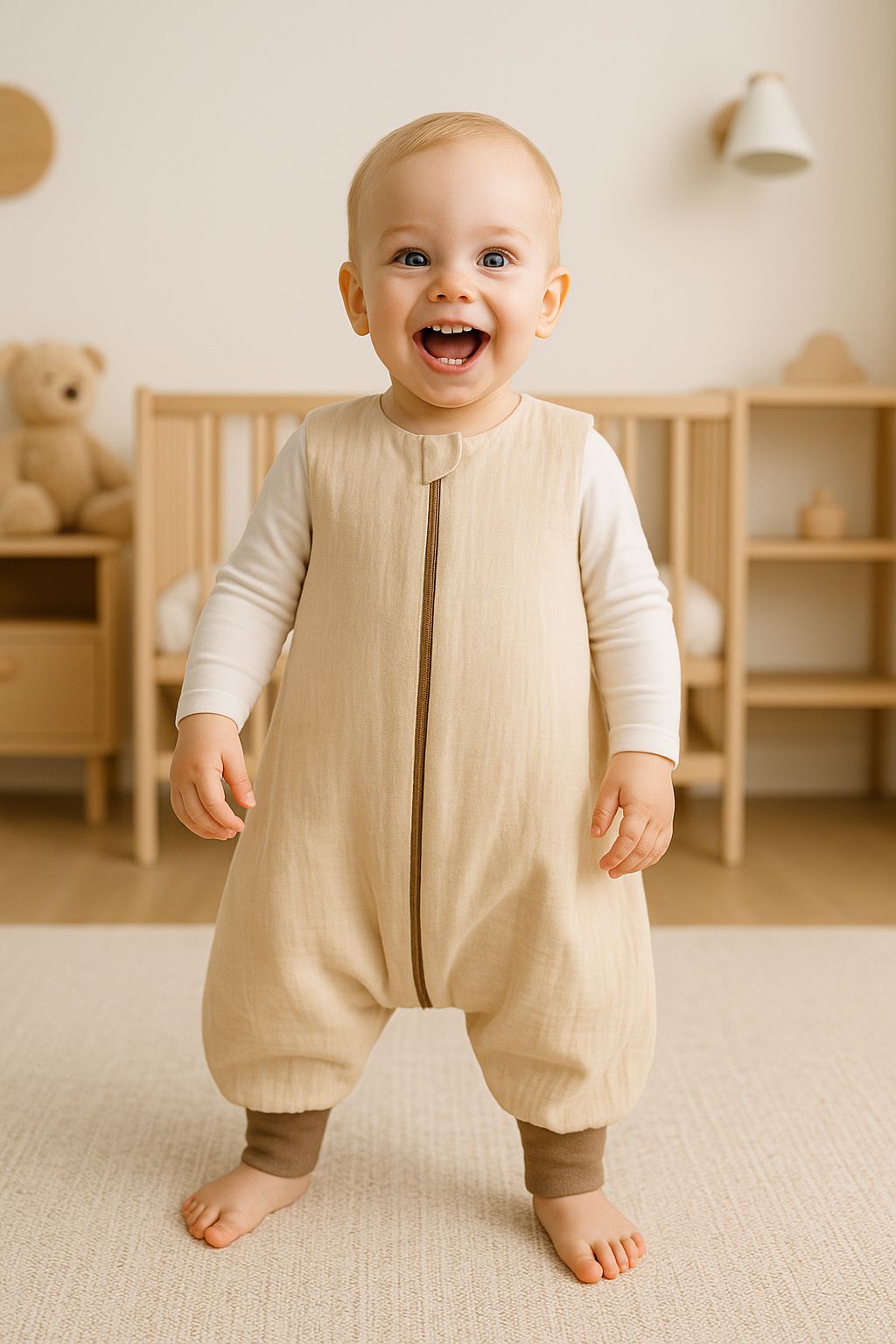 Muslin baby sleeping bag with legs L 9-24 months for summer TOG 1.0 - cream