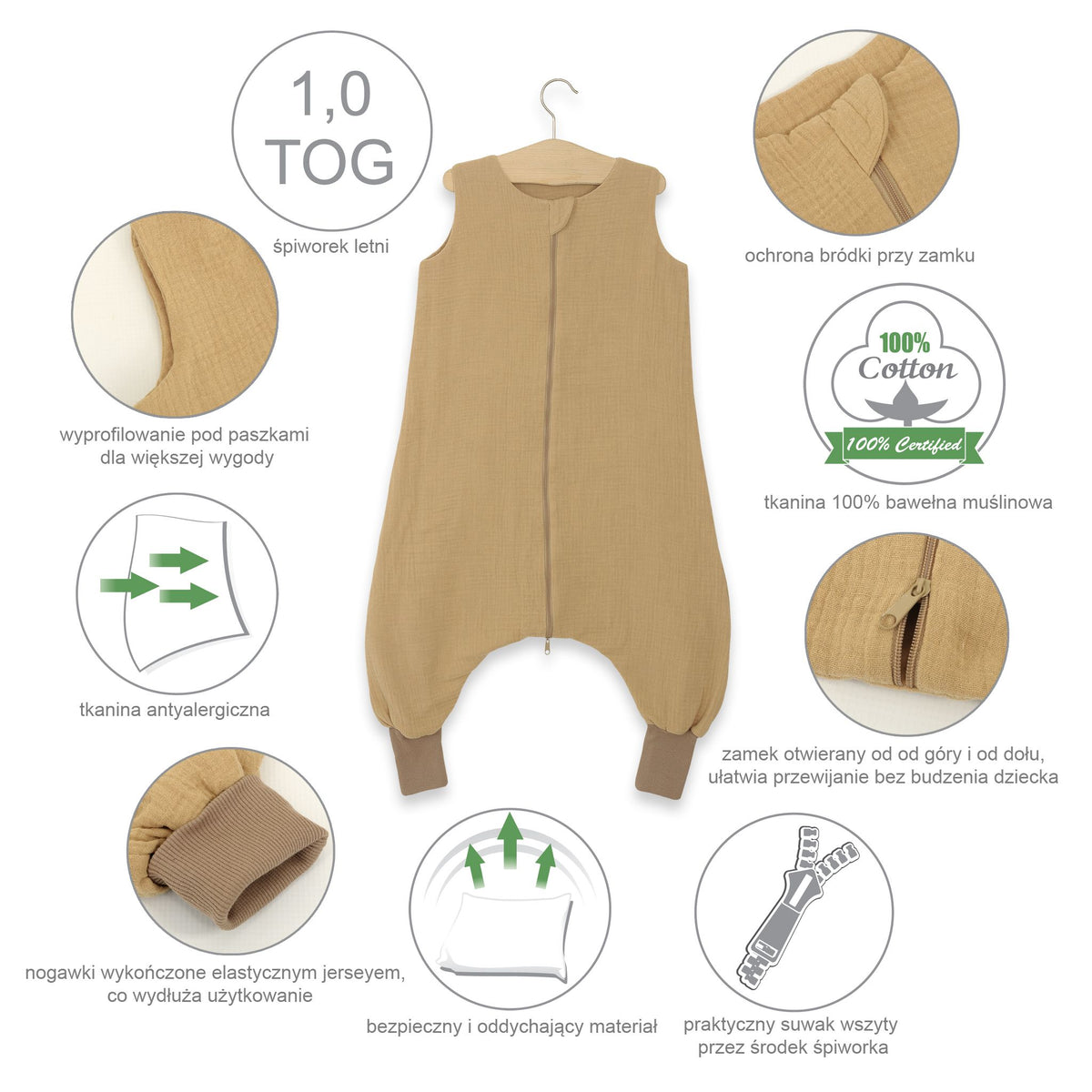 Muslin baby sleeping bag with legs L 9-24 months for summer TOG 1.0 - cream